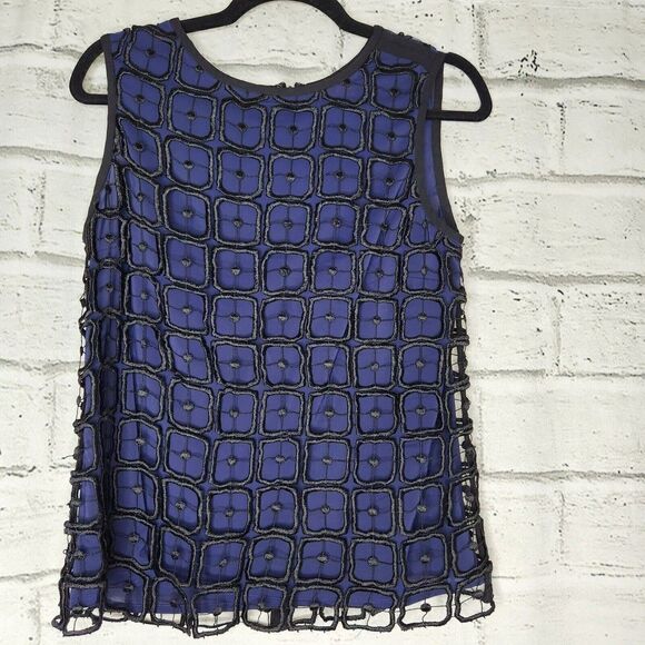Tory Burch Womens Size 4 Solid Blue 100% Silk Tank Top Black Overlay Polyester - Picture 11 of 11